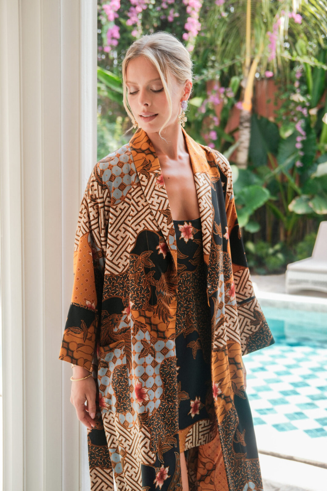 Gold long luxury loungewear robe washable silk made in Bali using authentic Indonesian silk satin batik by House of Azoiia - Aya.