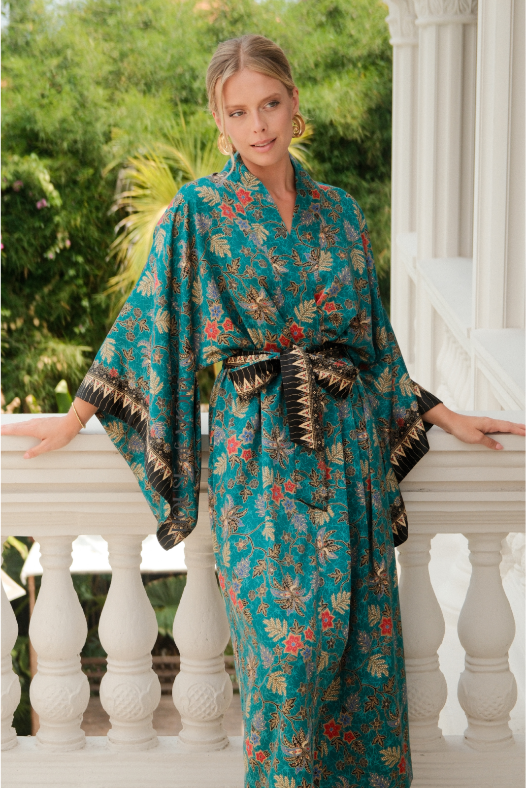 Green silk kimono robe, full-length for women, crafted from Balinese silk satin batik by House of Azoiia - Elyanna