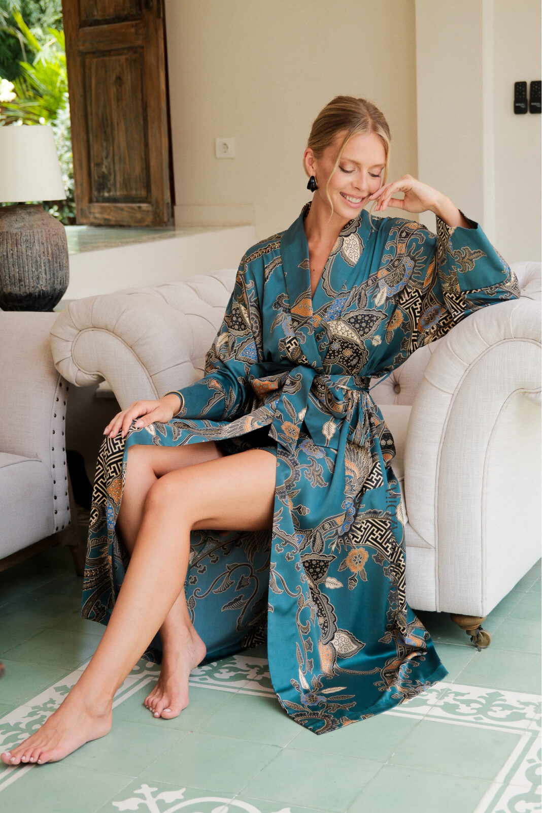Green luxury robe for women, mid-calf length in floral Bali batik silk blend satin by House of Azoiia - Aya.