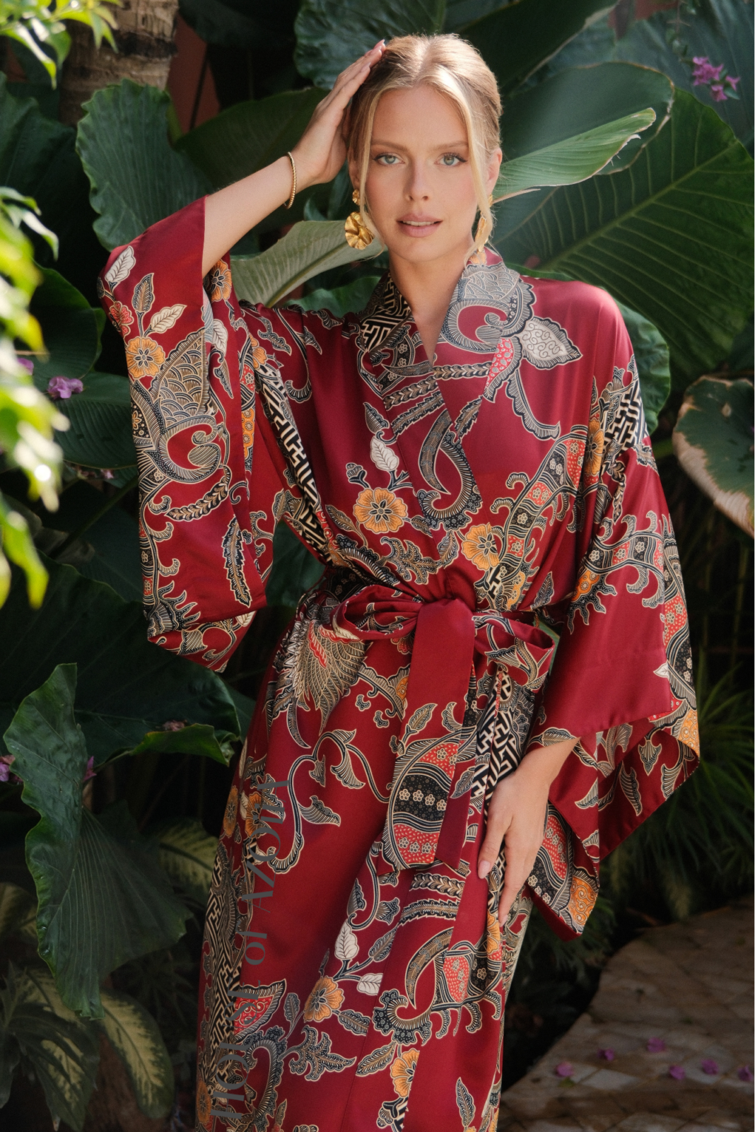 Long Silk Blend Kimono Robe in Flamenco Red with wide kimono sleeves, handcrafted in Bali by House of Azoiia - Elyanna.