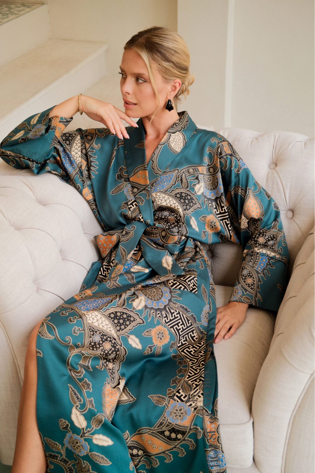 Long lounge dressing gown boho satin bathrobe sleepwear for women by House of Azoiia - Aya.
