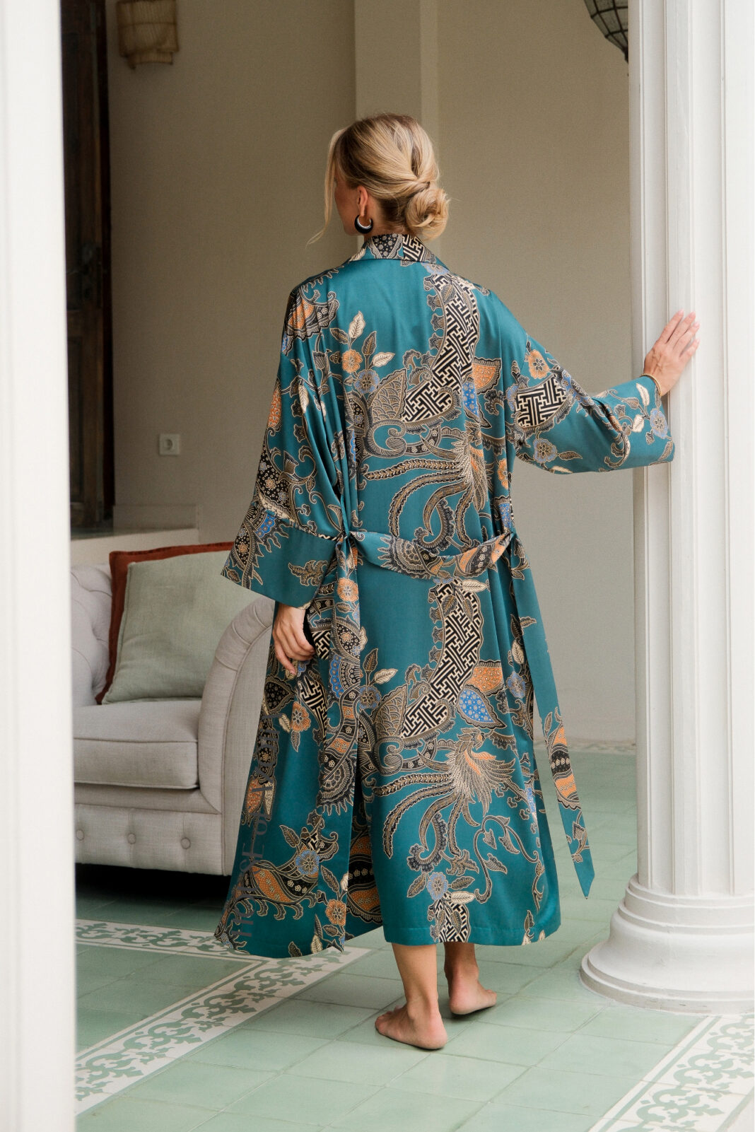 Luxury medium silk blend bathrobe for women up to plus size in printed green floral silk satin by House of Azoiia - Aya.