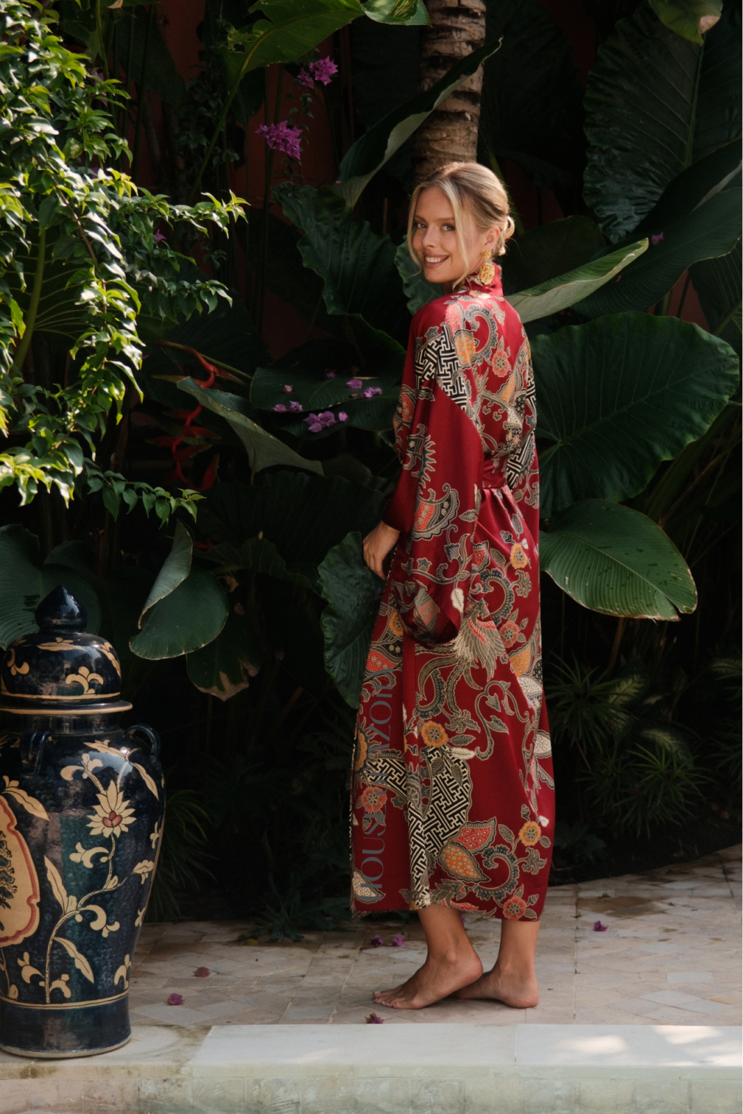 Luxury silk blend dressing gown with kimono sleeves handmade in red Bali batik by House of Azoiia - Elyanna