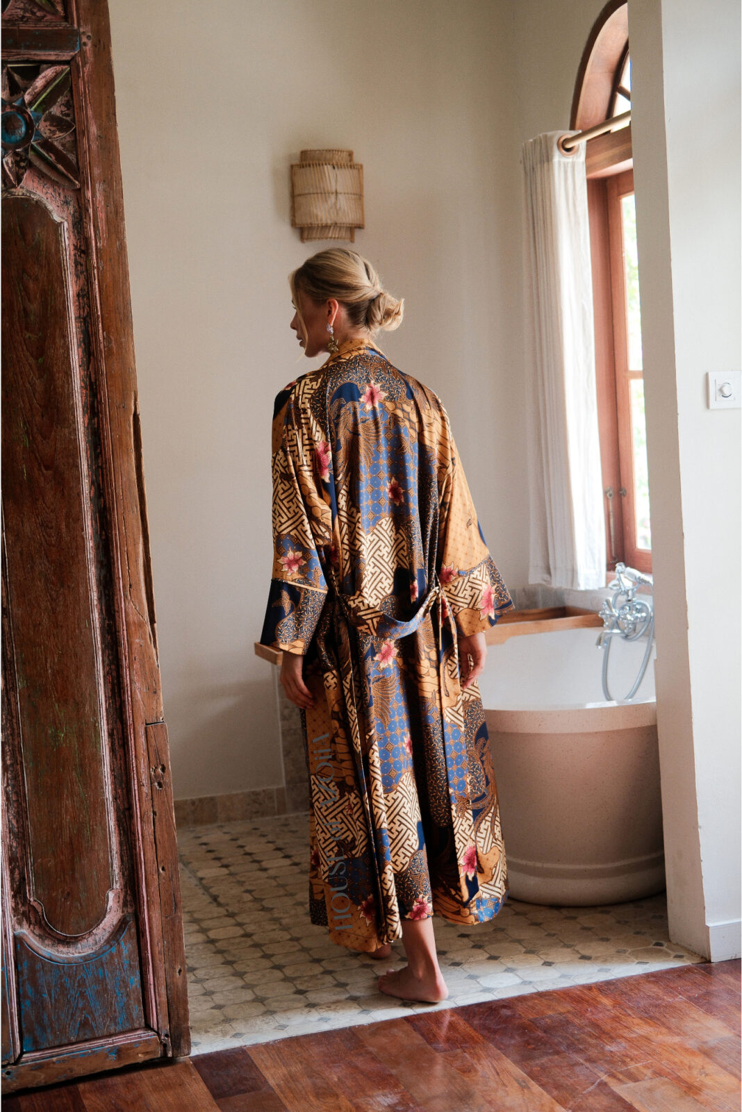 Navy silk blend floral ankle-length kimono robe with sleeves for women. Luxury loungewear by House of Azoiia, designed for elegance and comfort.