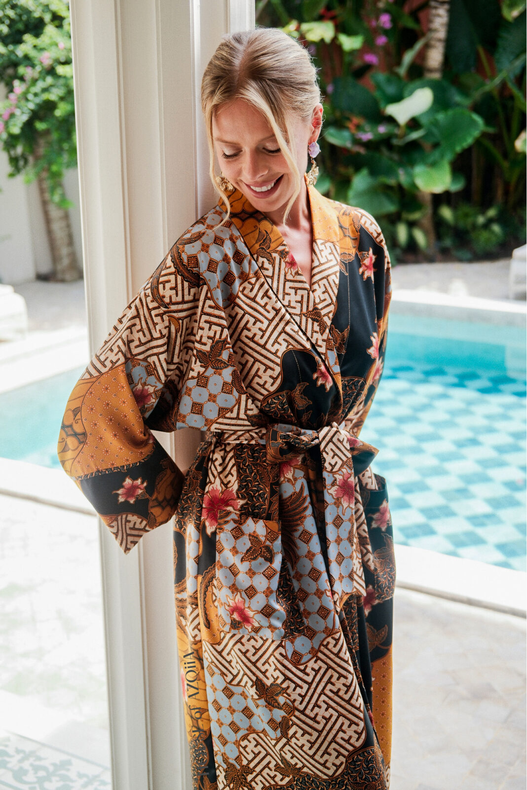 Premium silk blend dressing gown robe for women, made from authentic silk satin Bali batik by House of Azoiia - Aya.