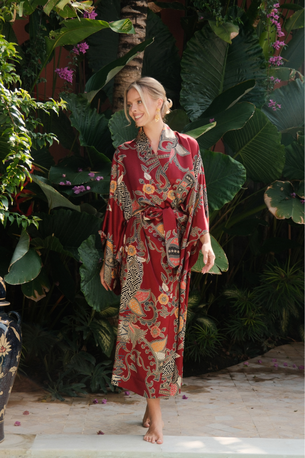 Red silk kimono robe floor length handmade in authentic Balinese batik by House of Azoiia - Elyanna