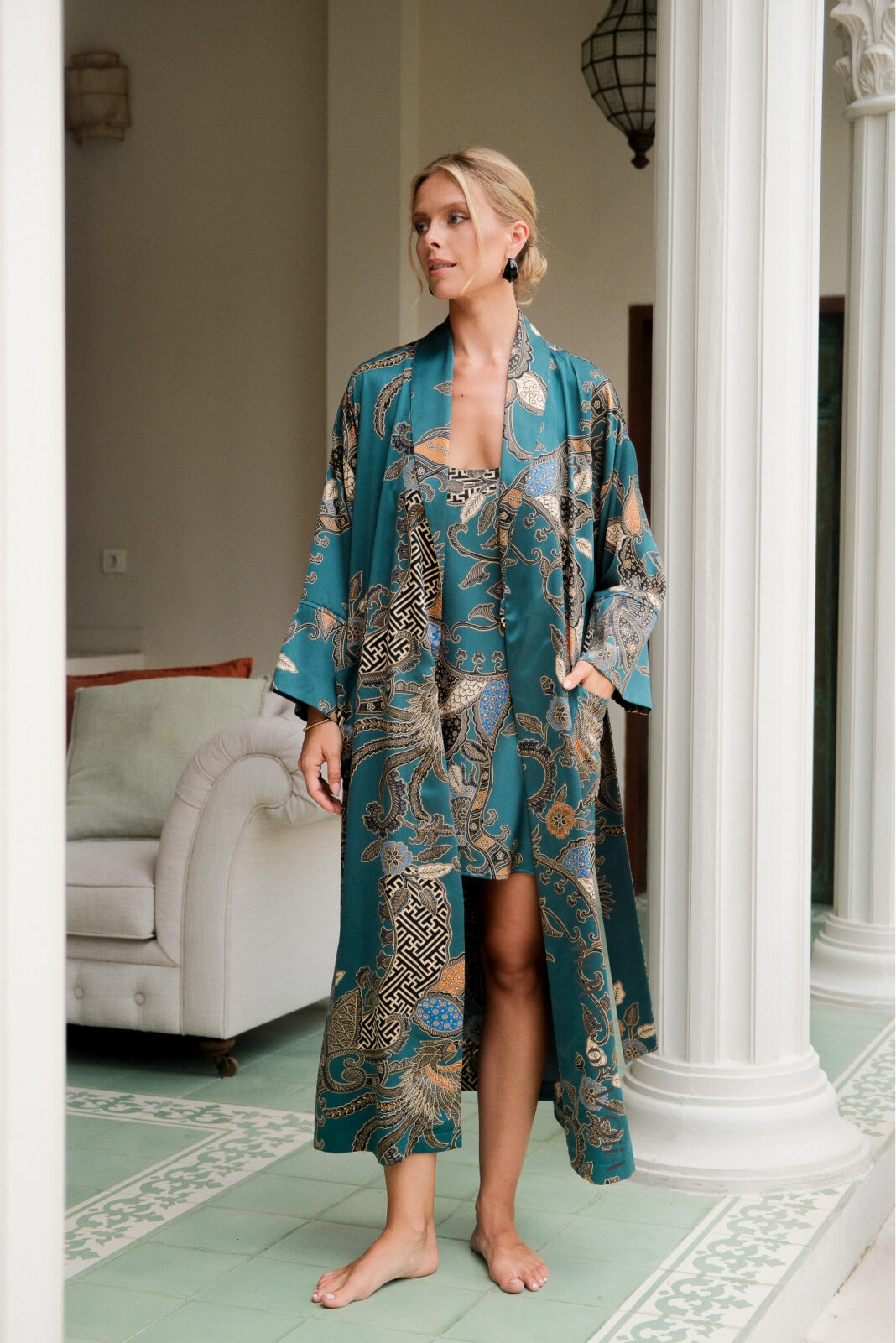 Turquoise mid-calf luxury classic robe for women up to plus size with pockets by House of Azoiia - Aya.