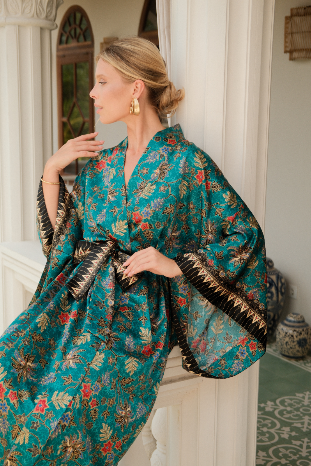 Women's silk blend dressing gown, maxi length, plus size, handmade from Balinese batik by House of Azoiia - Elyanna