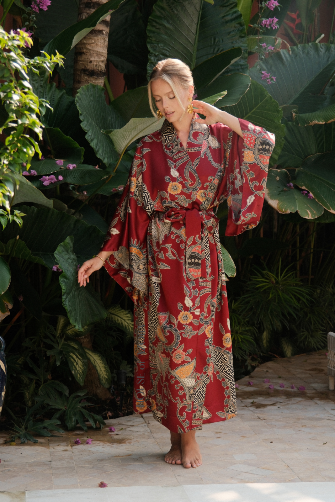 Women's silk kimono robe with kimono sleeves, full length, made in Bali from floral batik by House of Azoiia - Elyanna