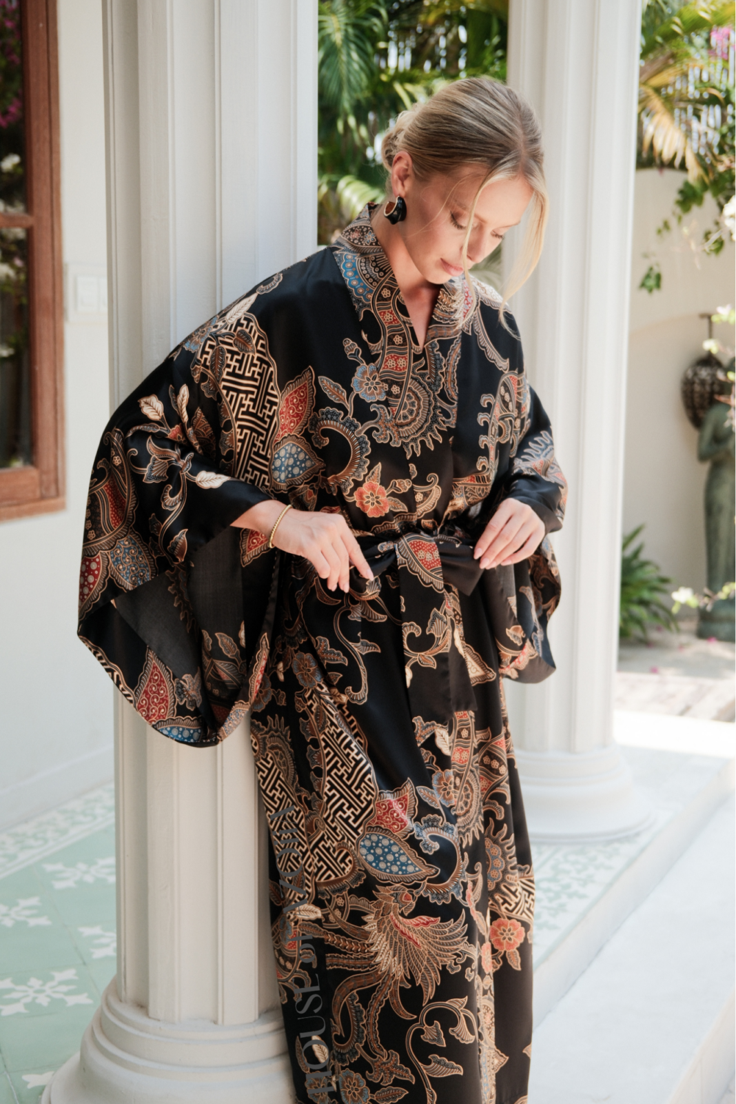 Black boho kimono robe for women, plus size, floor-length, featuring wide kimono sleeves, crafted by House of Azoiia - Elyanna.