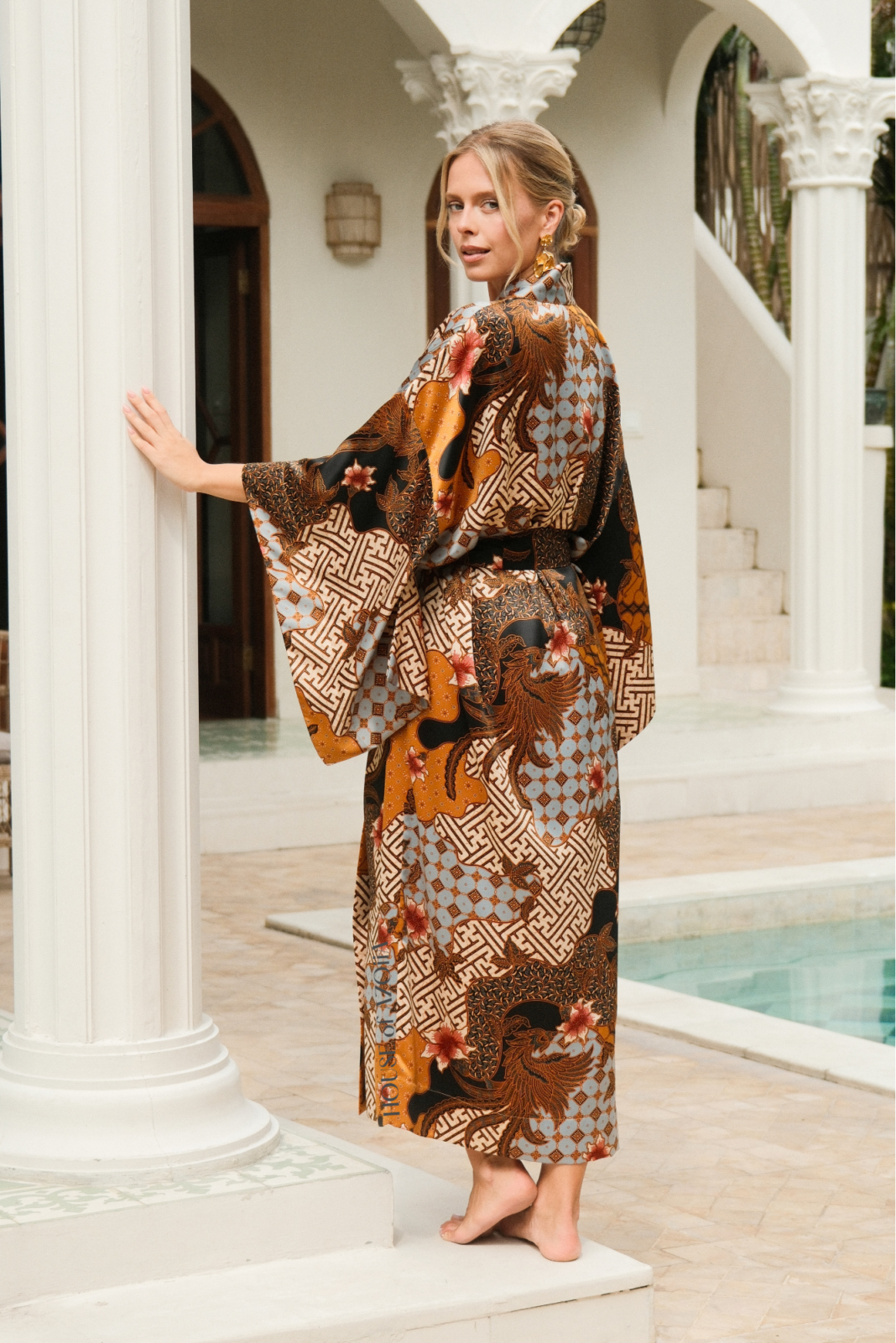 Long silk blend floral kimono dressing gown in gold, perfect for honeymoon, plus-size luxury bathrobe by House of Azoiia - Elyanna.