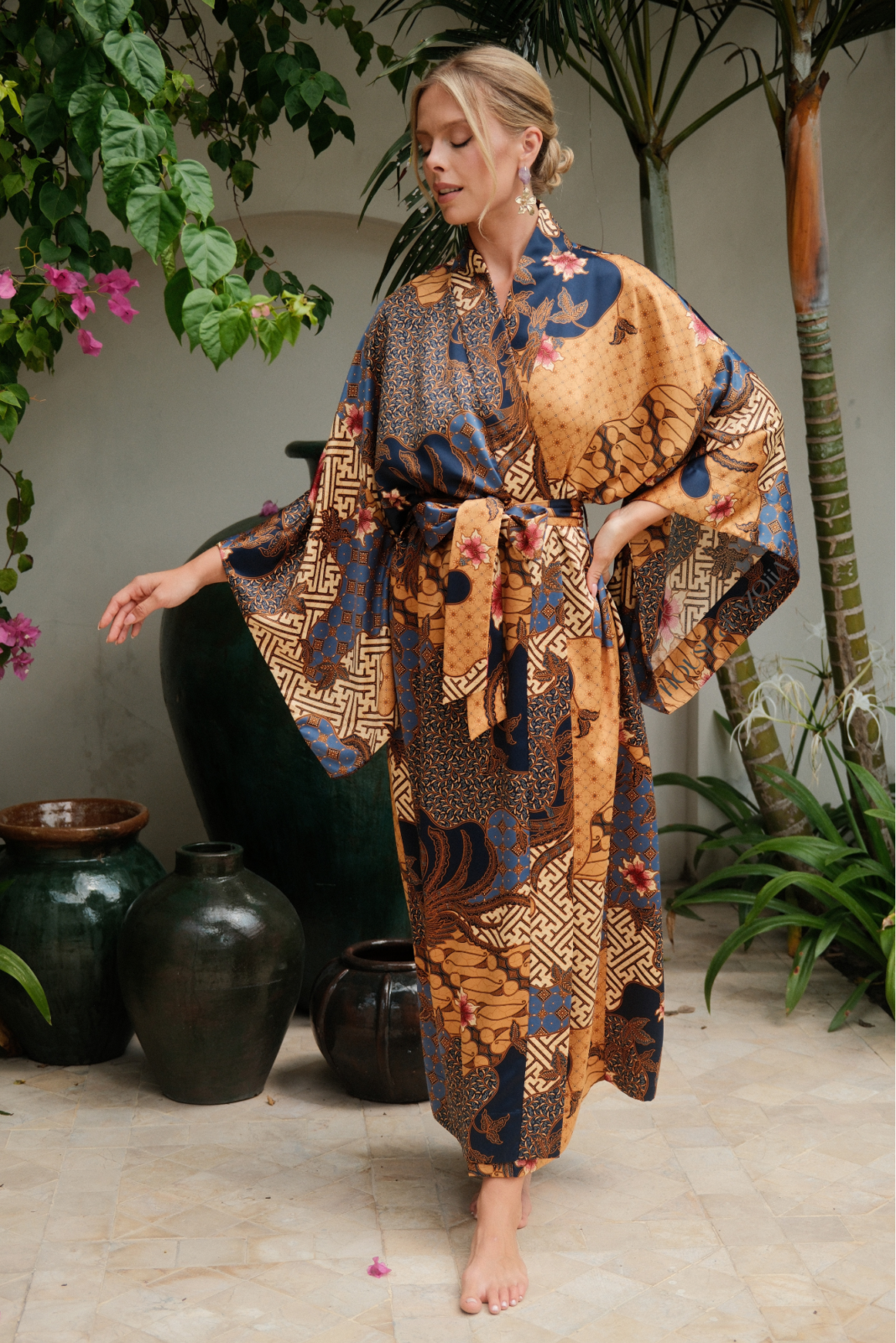 Luxury kimono robe silk blend satin made in Bali with authentic batik for women long by House of Azoiia - Elyanna.