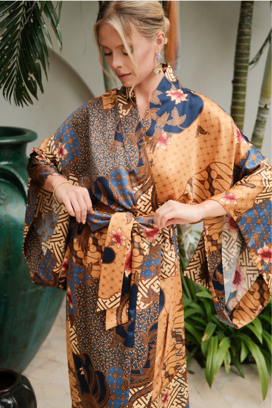 Luxury long sleeve long bathrobe silk blend kimono robe maxi length by House of Azoiia - Elyanna.