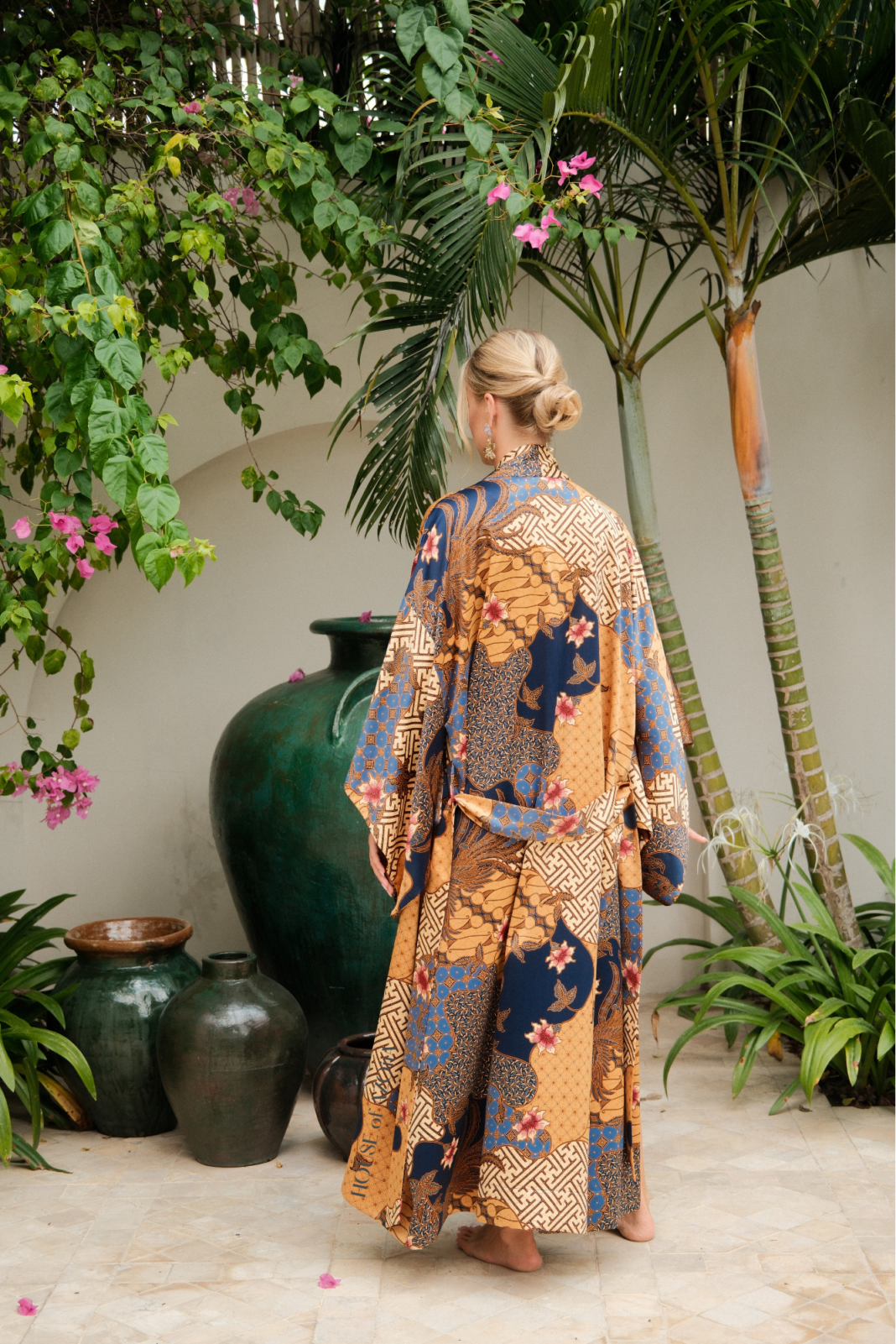 Luxury silk blend women's fashion kimono dressing gown maxi length made in Balinese batik by House of Azoiia - Elyanna.