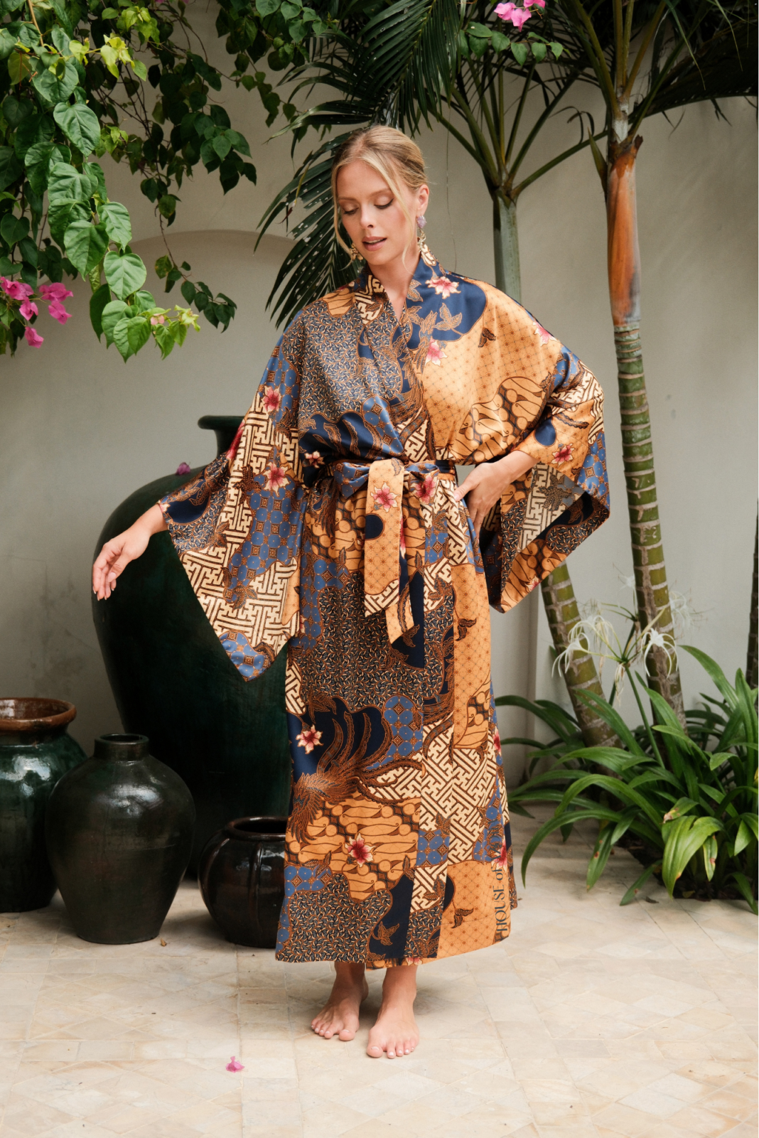 Women’s luxury Japanese silk blend kimono dressing gown full length made in Balinese batik by House of Azoiia - Elyanna.